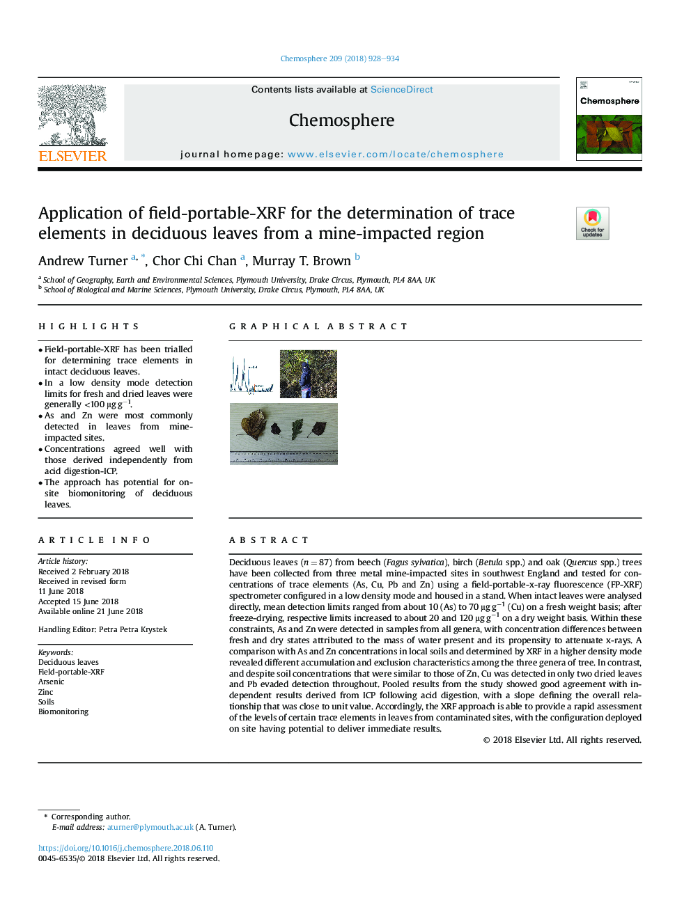 Application of field-portable-XRF for the determination of trace elements in deciduous leaves from a mine-impacted region