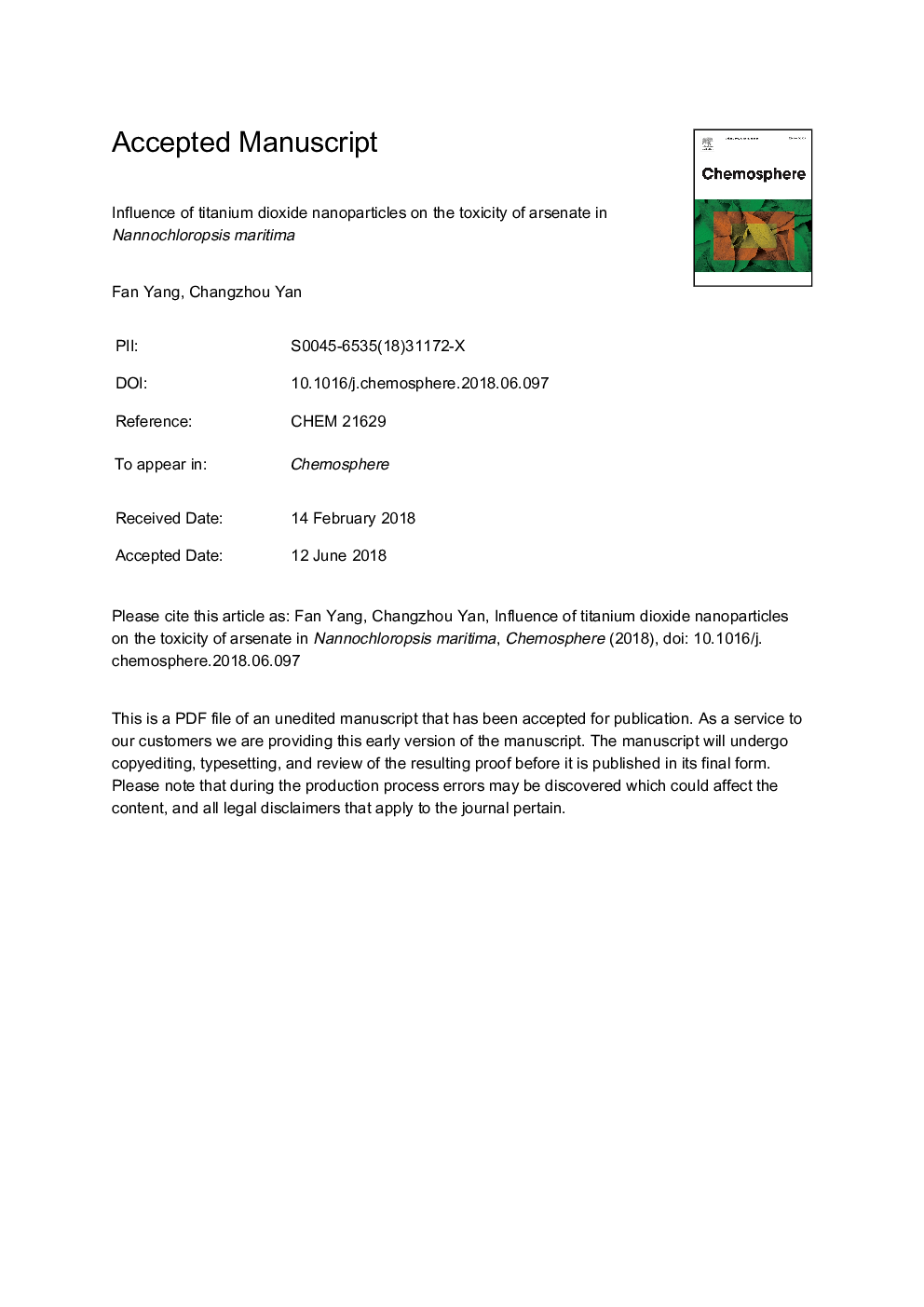 Influence of titanium dioxide nanoparticles on the toxicity of arsenate in Nannochloropsis maritima