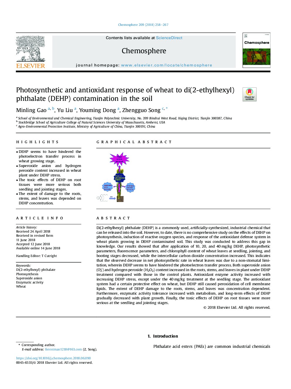 Photosynthetic and antioxidant response of wheat to di(2-ethylhexyl) phthalate (DEHP) contamination in the soil