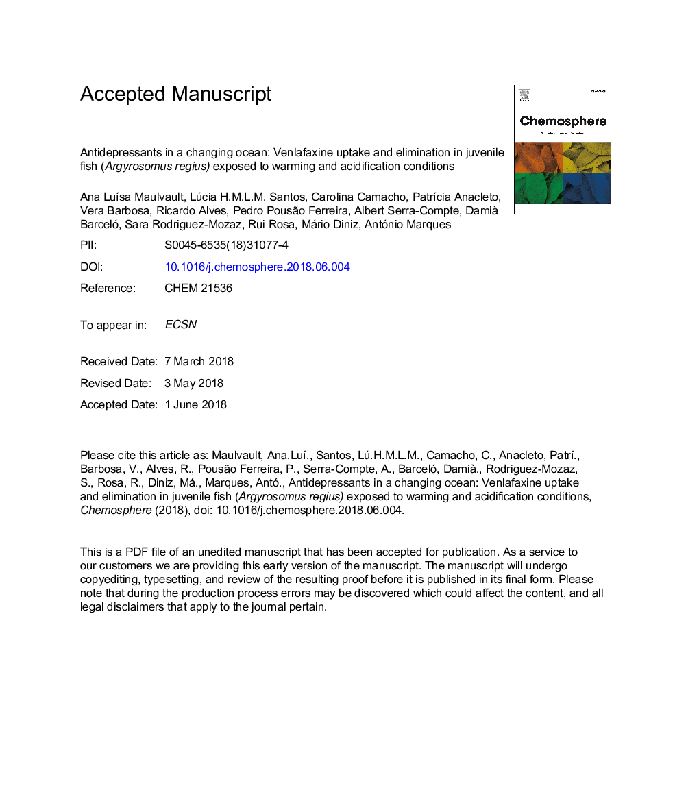 Antidepressants in a changing ocean: Venlafaxine uptake and elimination in juvenile fish (Argyrosomus regius) exposed to warming and acidification conditions