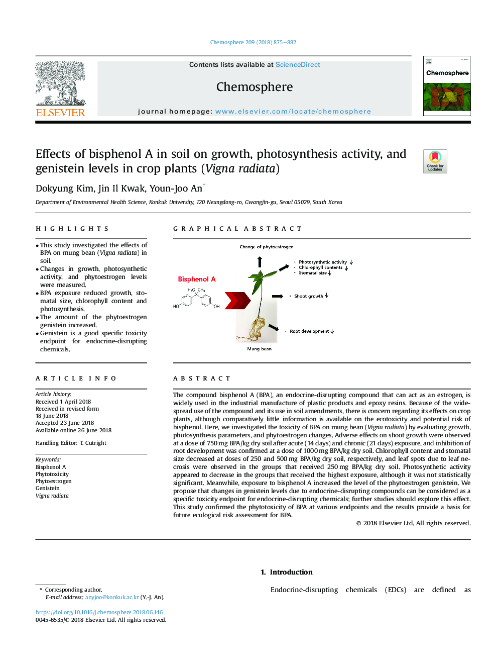 Effects of bisphenol A in soil on growth, photosynthesis activity, and genistein levels in crop plants (Vigna radiata)