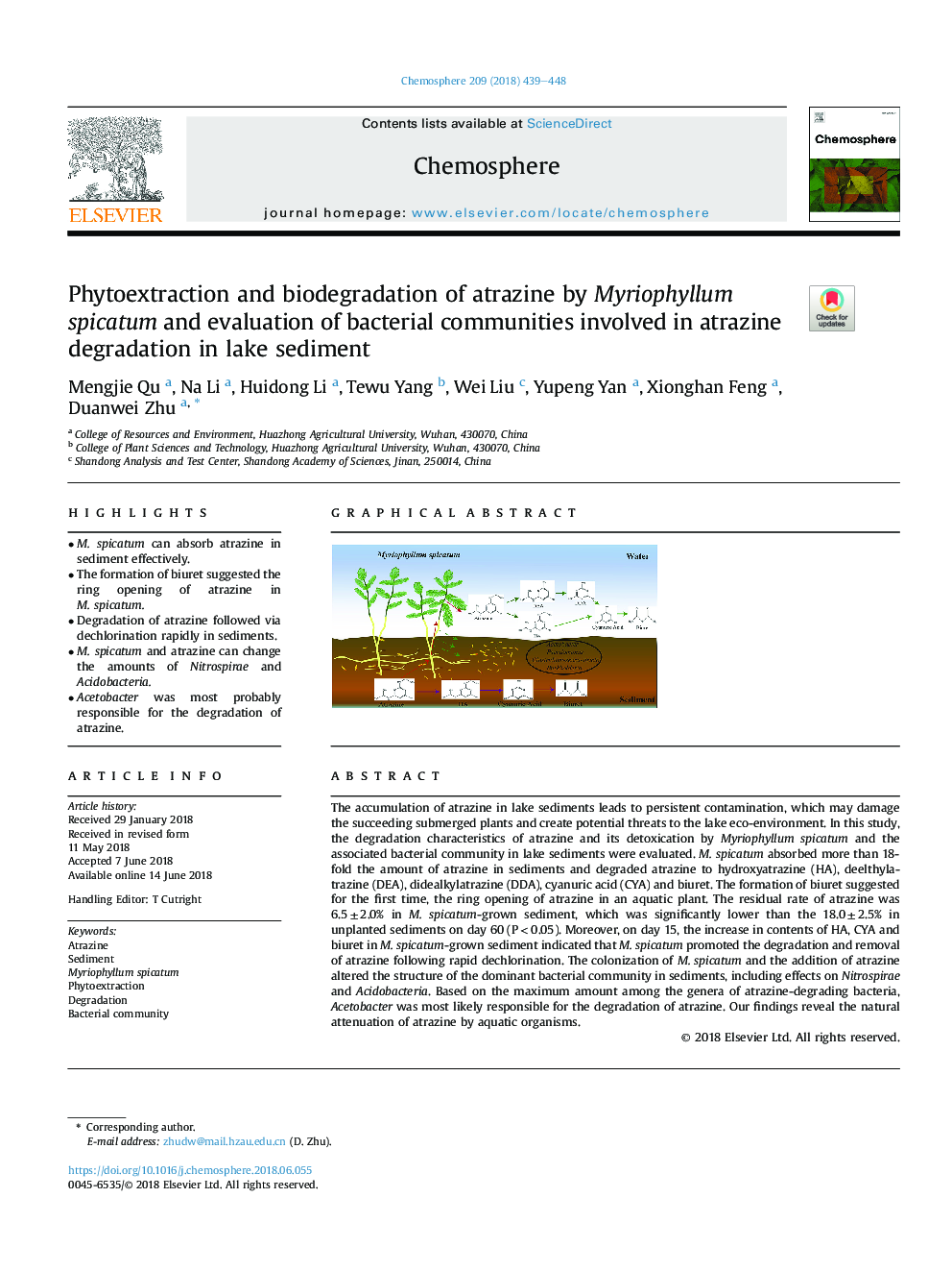 Phytoextraction and biodegradation of atrazine by Myriophyllum spicatum and evaluation of bacterial communities involved in atrazine degradation in lake sediment