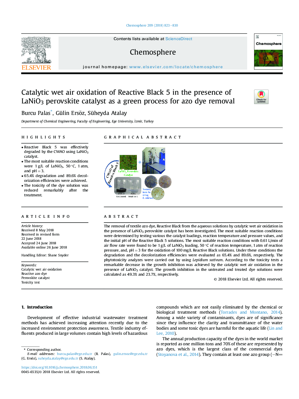 Catalytic wet air oxidation of Reactive Black 5 in the presence of LaNiO3 perovskite catalyst as a green process for azo dye removal