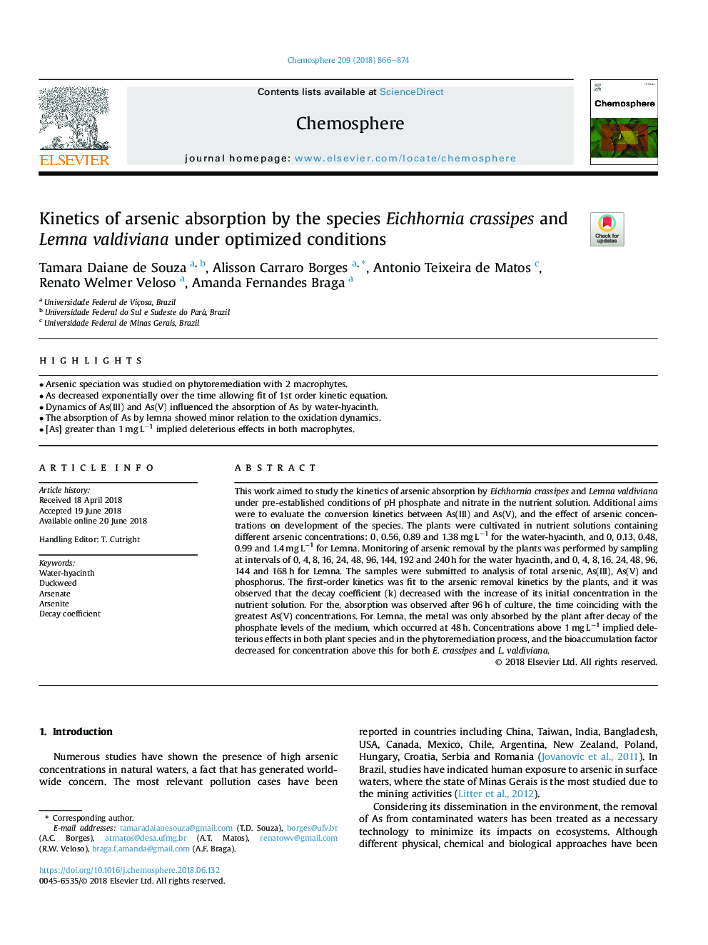 Kinetics of arsenic absorption by the species Eichhornia crassipes and Lemna valdiviana under optimized conditions