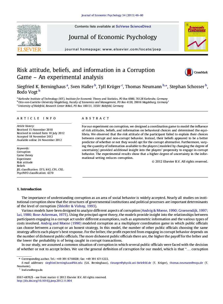 Risk attitude, beliefs, and information in a Corruption Game – An experimental analysis