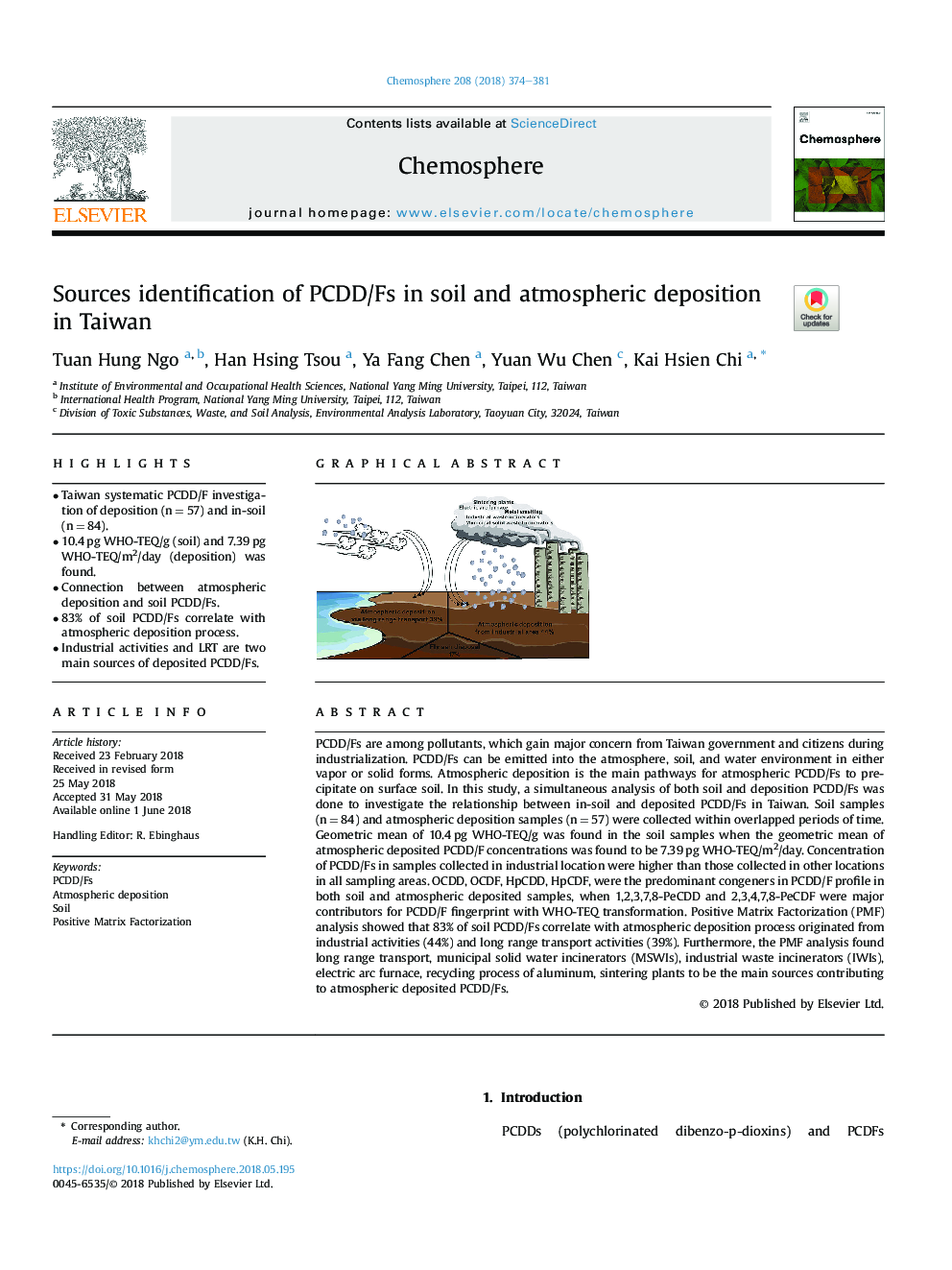 Sources identification of PCDD/Fs in soil and atmospheric deposition in Taiwan