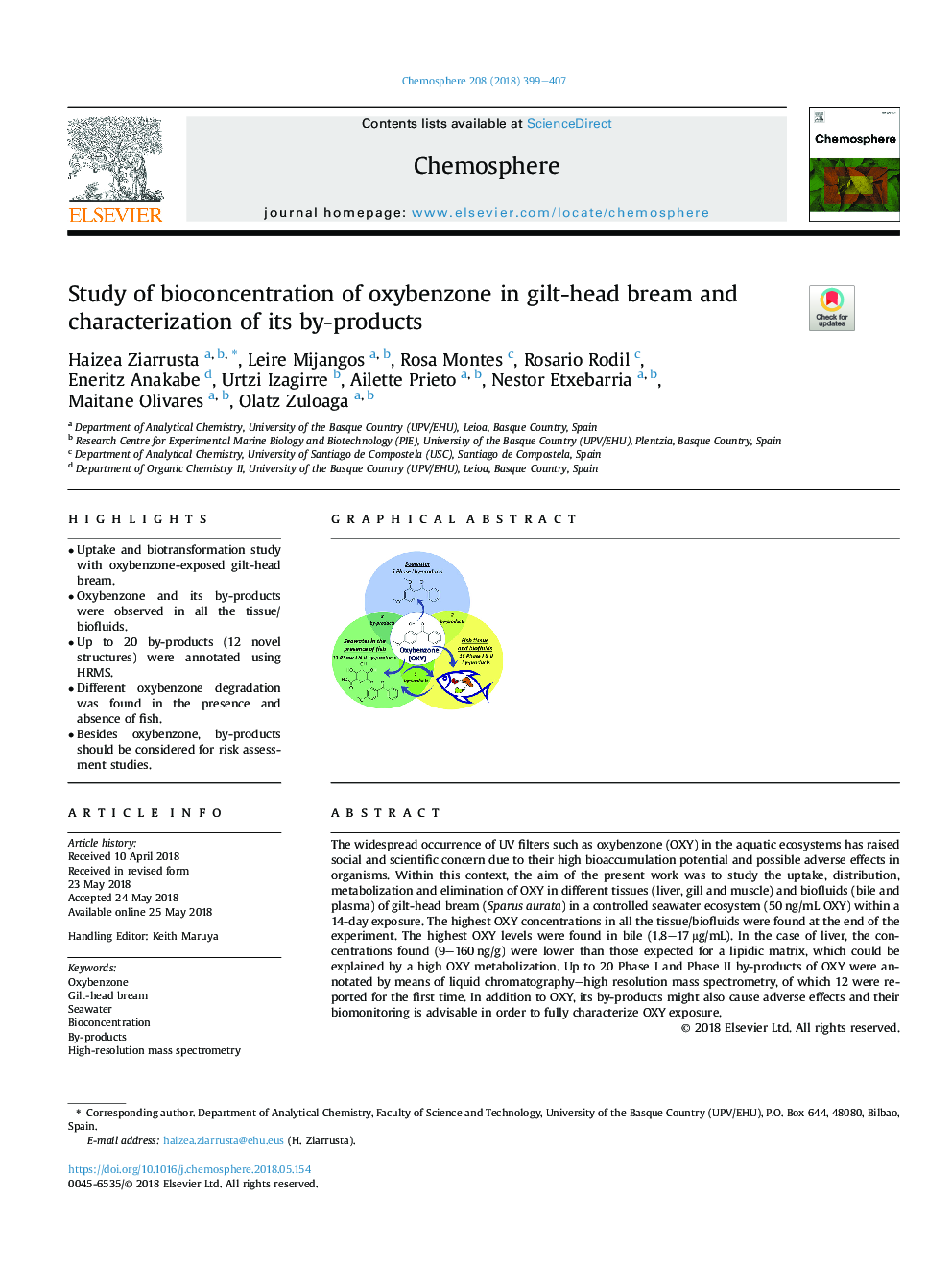 Study of bioconcentration of oxybenzone in gilt-head bream and characterization of its by-products