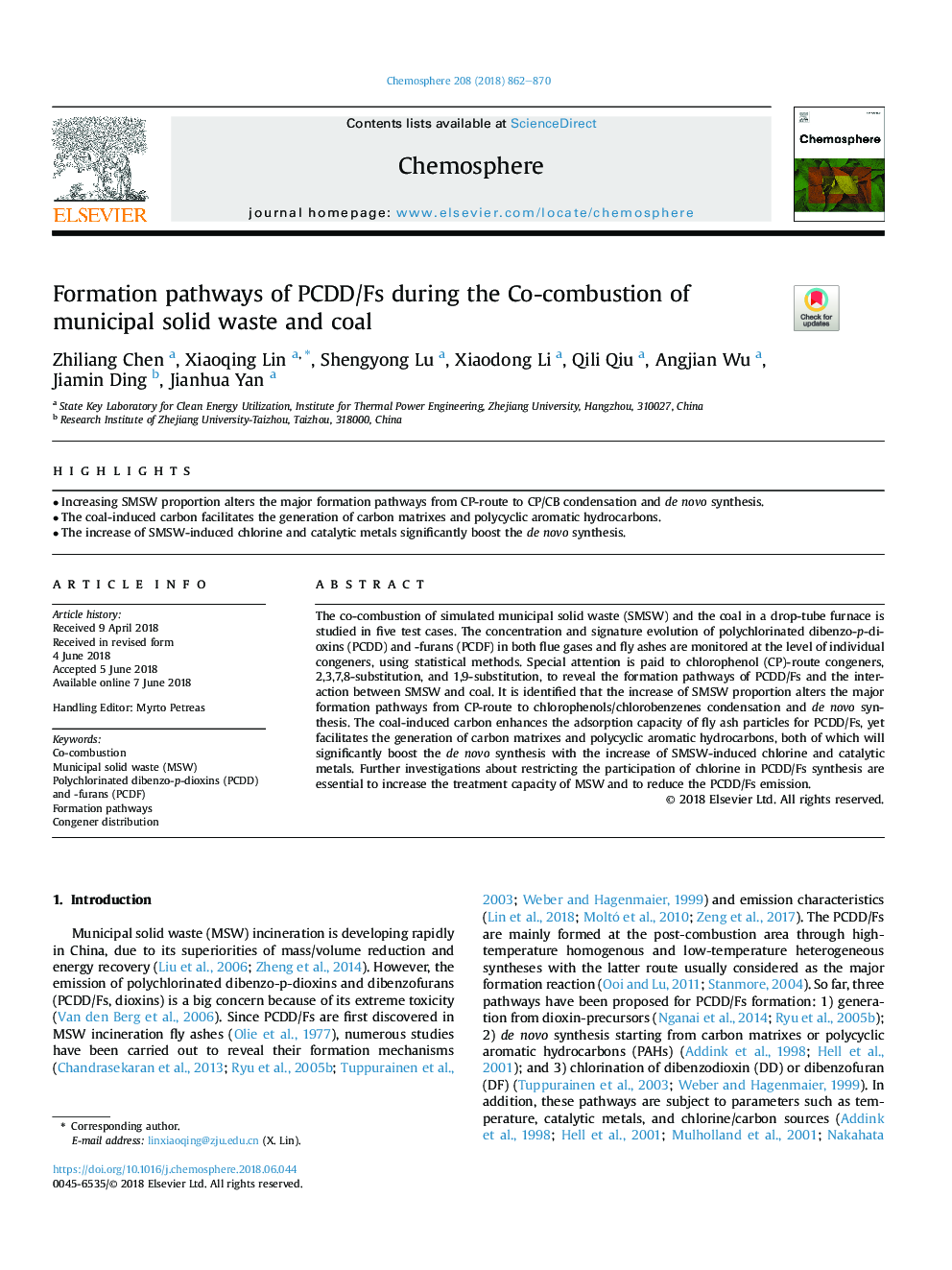 Formation pathways of PCDD/Fs during the Co-combustion of municipal solid waste and coal