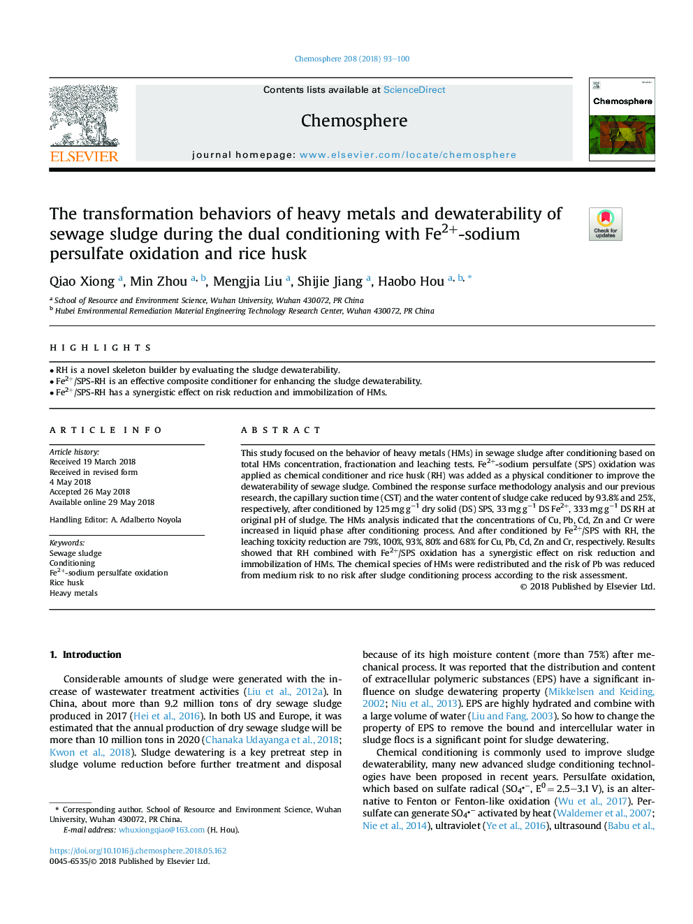 The transformation behaviors of heavy metals and dewaterability of sewage sludge during the dual conditioning with Fe2+-sodium persulfate oxidation and rice husk