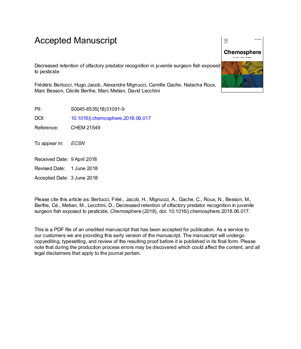 Decreased retention of olfactory predator recognition in juvenile surgeon fish exposed to pesticide