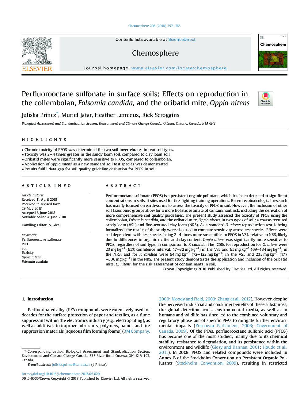 Perfluorooctane sulfonate in surface soils: Effects on reproduction in the collembolan, Folsomia candida, and the oribatid mite, Oppia nitens