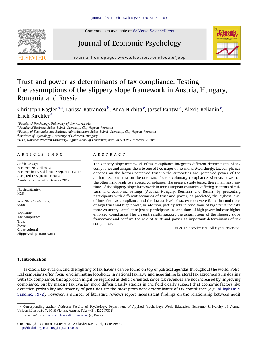 Trust and power as determinants of tax compliance: Testing the assumptions of the slippery slope framework in Austria, Hungary, Romania and Russia