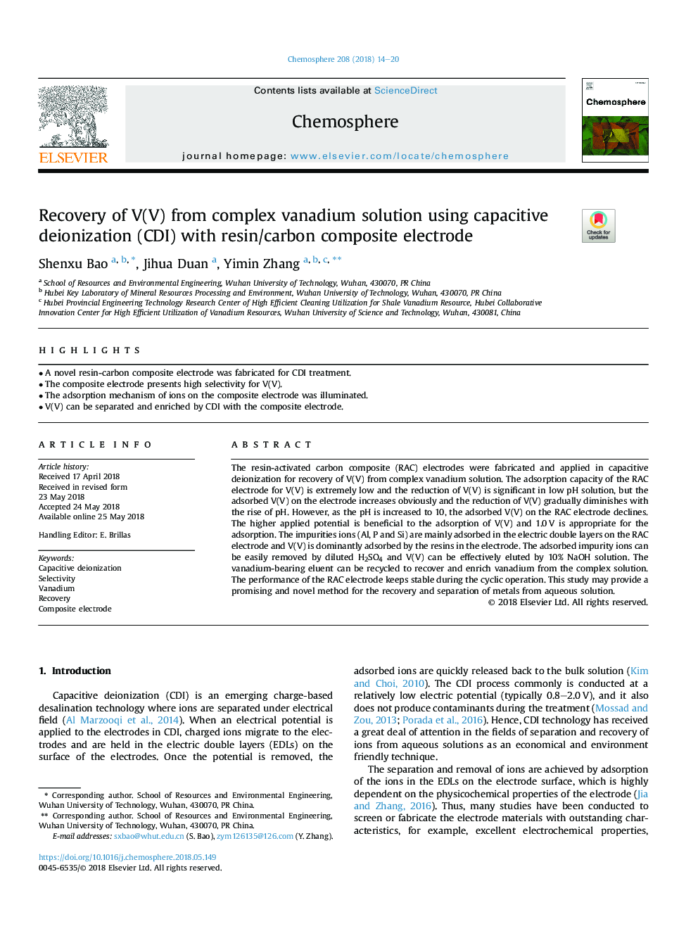 Recovery of V(V) from complex vanadium solution using capacitive deionization (CDI) with resin/carbon composite electrode