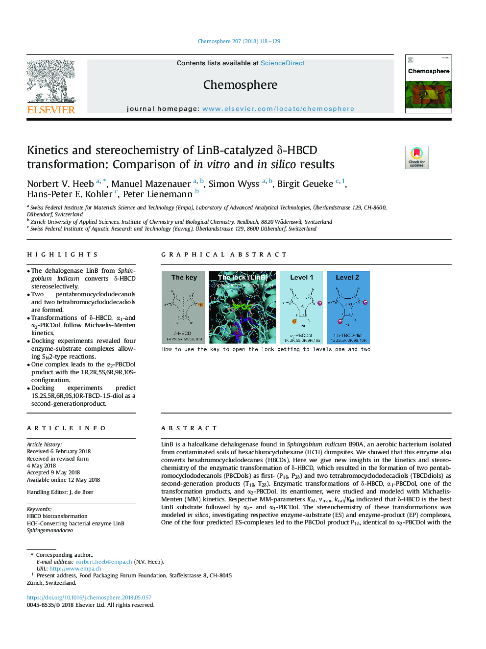 Kinetics and stereochemistry of LinB-catalyzed Î´-HBCD transformation: Comparison of inÂ vitro and in silico results