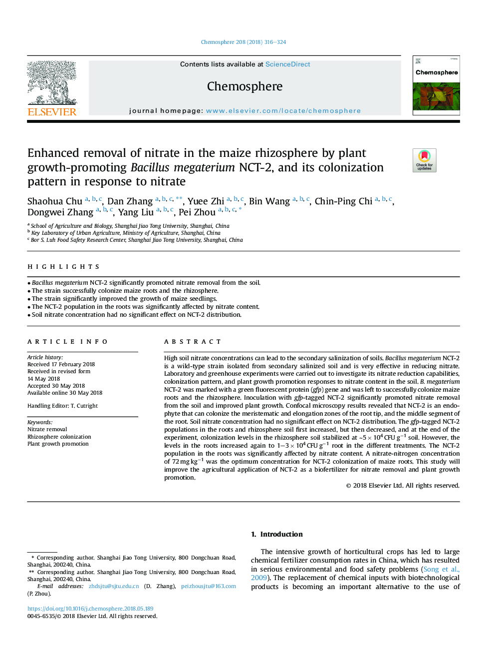 Enhanced removal of nitrate in the maize rhizosphere by plant growth-promoting Bacillus megaterium NCT-2, and its colonization pattern in response to nitrate