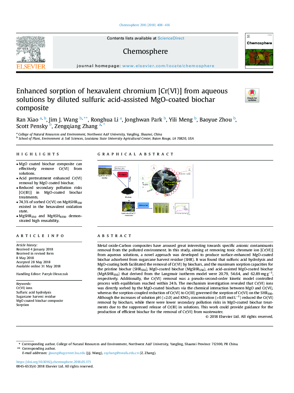 Enhanced sorption of hexavalent chromium [Cr(VI)] from aqueous solutions by diluted sulfuric acid-assisted MgO-coated biochar composite