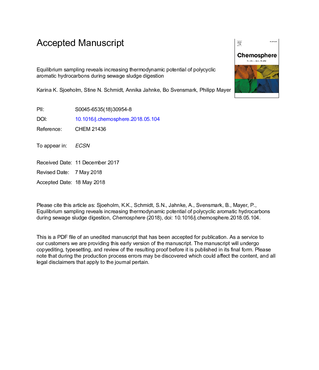 نمونه برداری از تعادل نشان دهنده افزایش پتانسیل ترمودینامیکی هیدروکربن های چند حلقه ای معطر در طی هضم لجن فاضلاب 