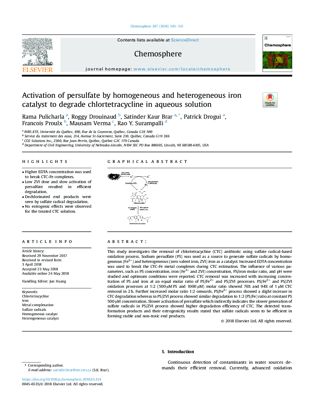 Activation of persulfate by homogeneous and heterogeneous iron catalyst to degrade chlortetracycline in aqueous solution