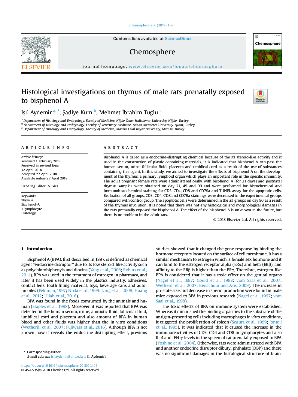 Histological investigations on thymus of male rats prenatally exposed to bisphenol A