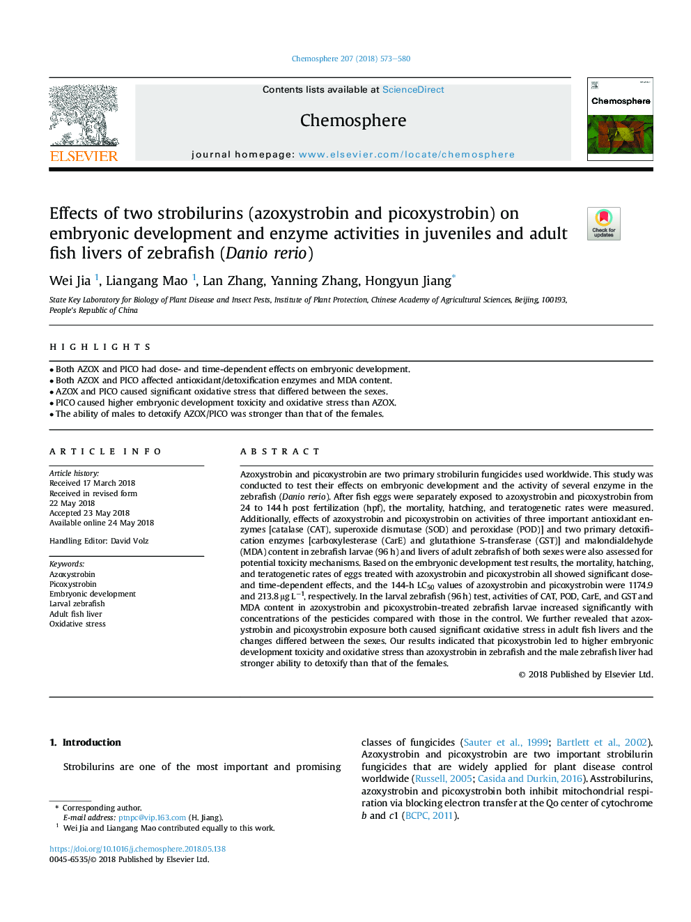 Effects of two strobilurins (azoxystrobin and picoxystrobin) on embryonic development and enzyme activities in juveniles and adult fish livers of zebrafish (Danio rerio)