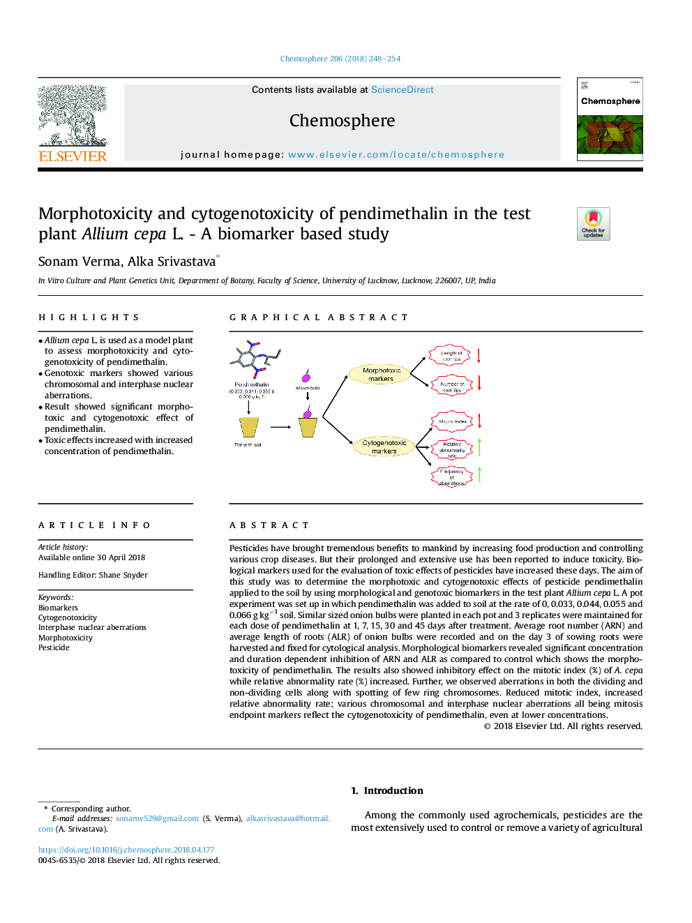 Morphotoxicity and cytogenotoxicity of pendimethalin in the test plant Allium cepa L. - A biomarker based study