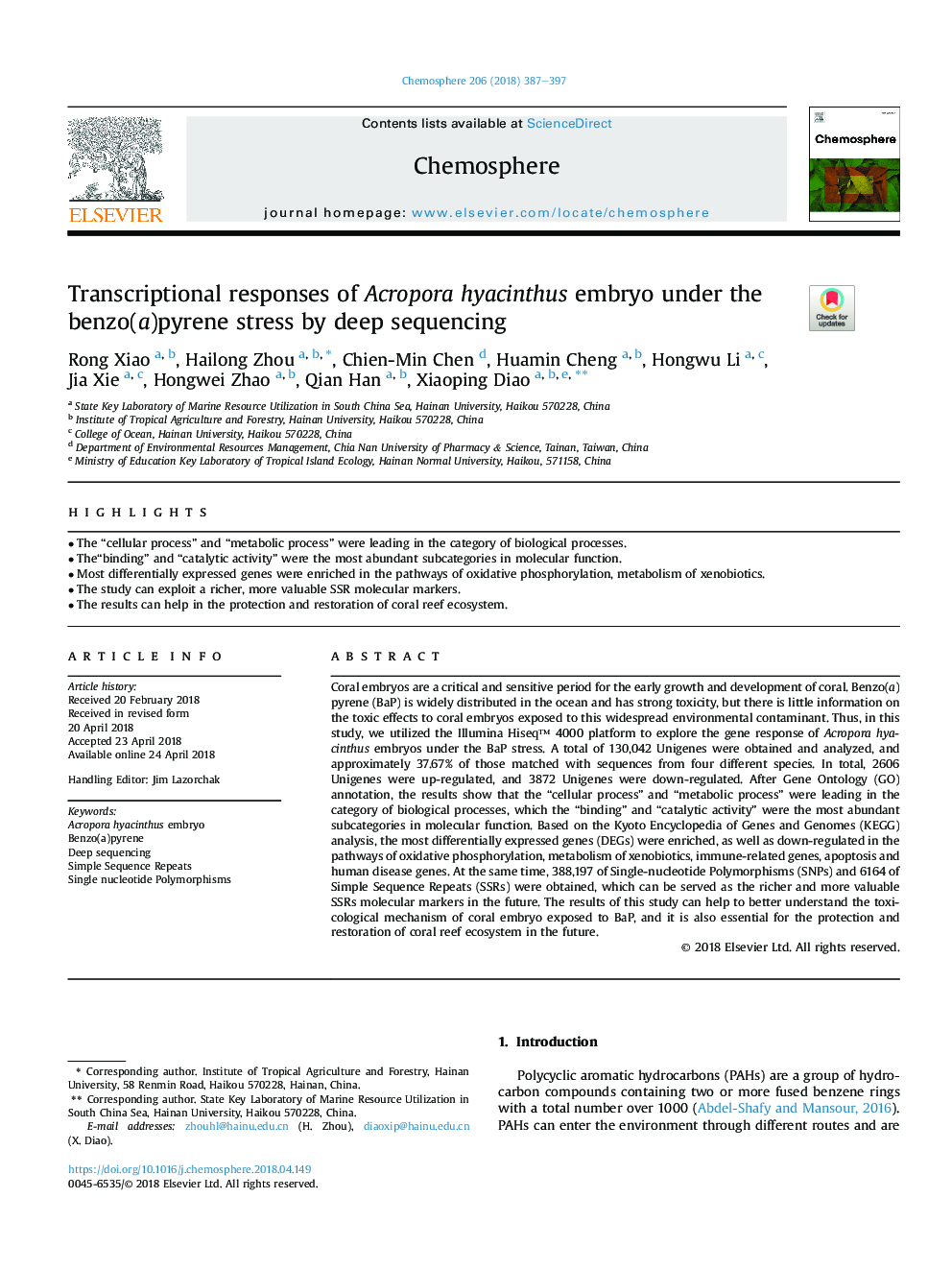 Transcriptional responses of Acropora hyacinthus embryo under the benzo(a)pyrene stress by deep sequencing