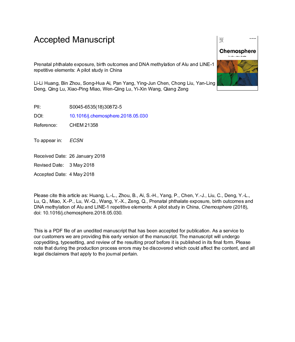 Prenatal phthalate exposure, birth outcomes and DNA methylation of Alu and LINE-1 repetitive elements: A pilot study in China