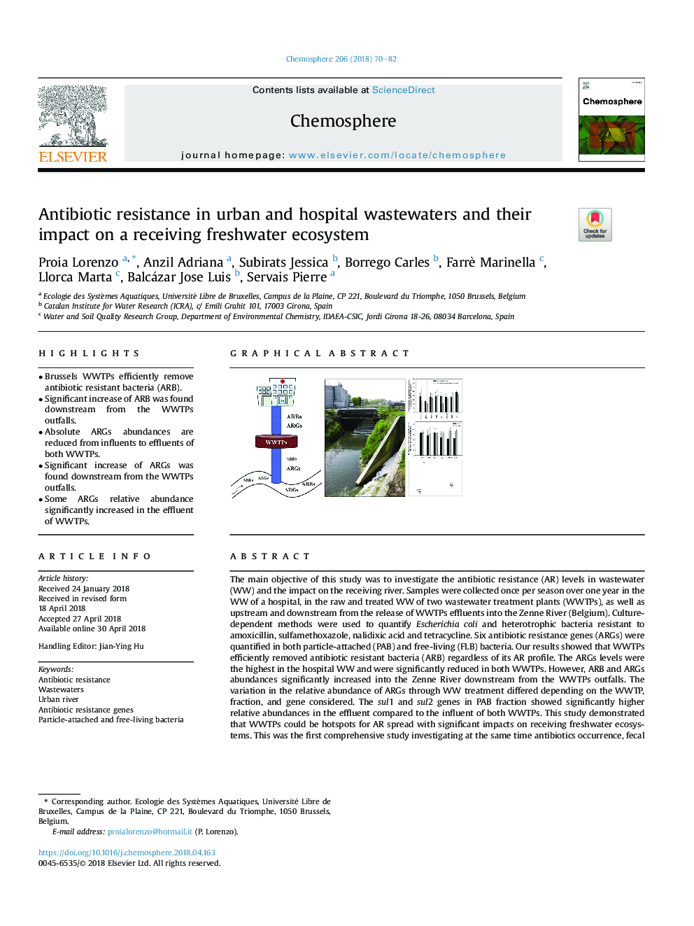 Antibiotic resistance in urban and hospital wastewaters and their impact on a receiving freshwater ecosystem