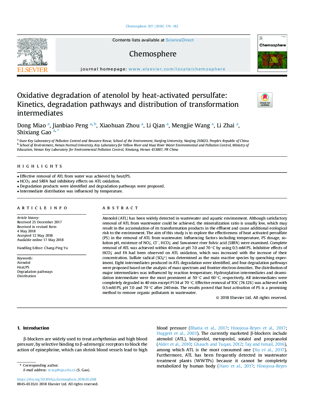 Oxidative degradation of atenolol by heat-activated persulfate: Kinetics, degradation pathways and distribution of transformation intermediates