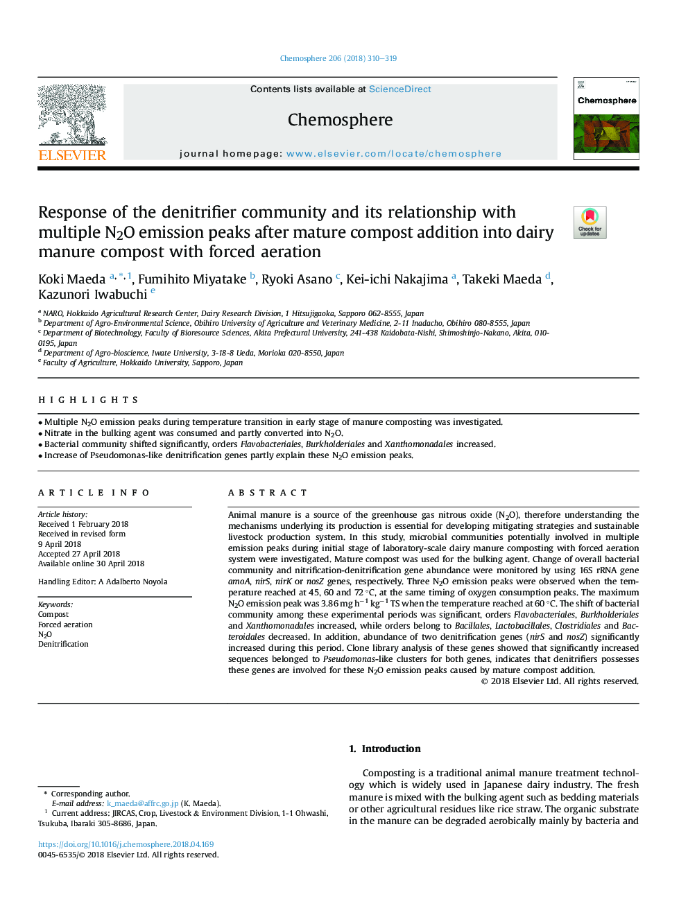 Response of the denitrifier community and its relationship with multiple N2O emission peaks after mature compost addition into dairy manure compost with forced aeration