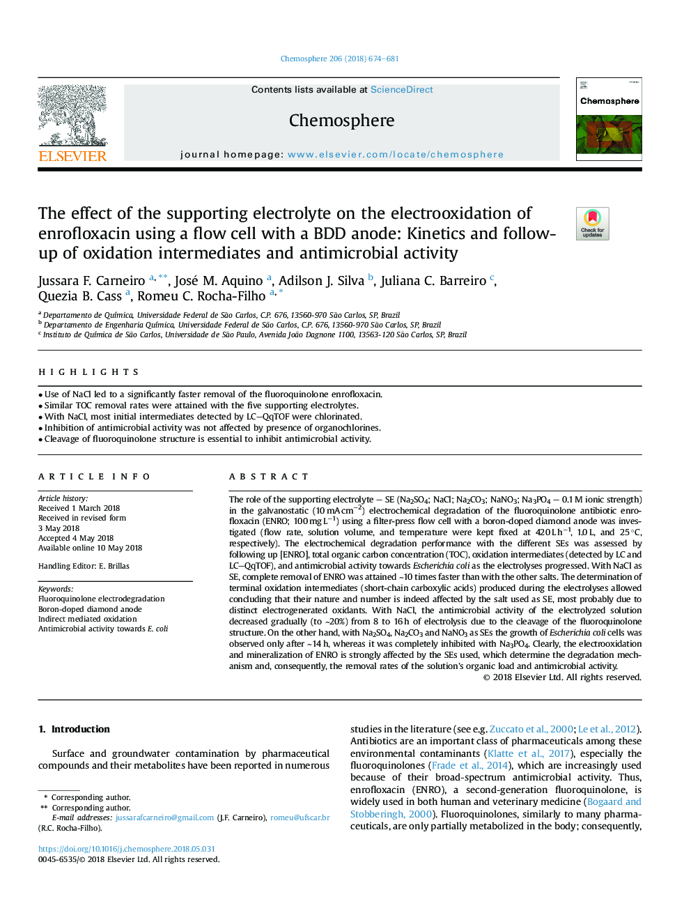 The effect of the supporting electrolyte on the electrooxidation of enrofloxacin using a flow cell with a BDD anode: Kinetics and follow-up of oxidation intermediates and antimicrobial activity