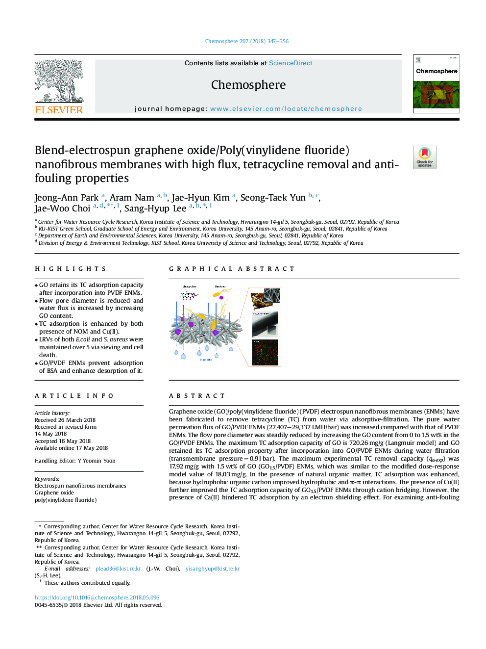 Blend-electrospun graphene oxide/Poly(vinylidene fluoride) nanofibrous membranes with high flux, tetracycline removal and anti-fouling properties