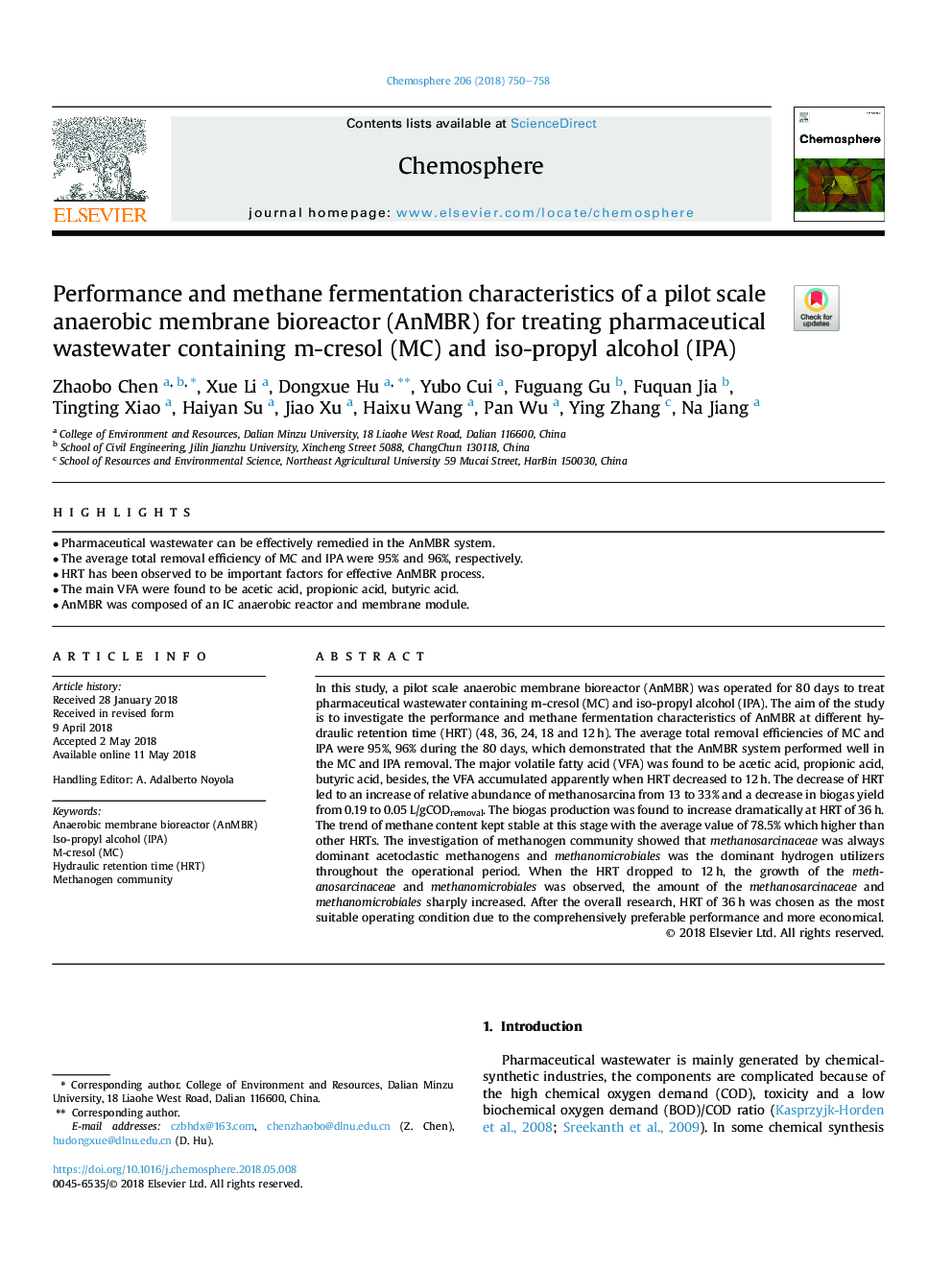 Performance and methane fermentation characteristics of a pilot scale anaerobic membrane bioreactor (AnMBR) for treating pharmaceutical wastewater containing m-cresol (MC) and iso-propyl alcohol (IPA)