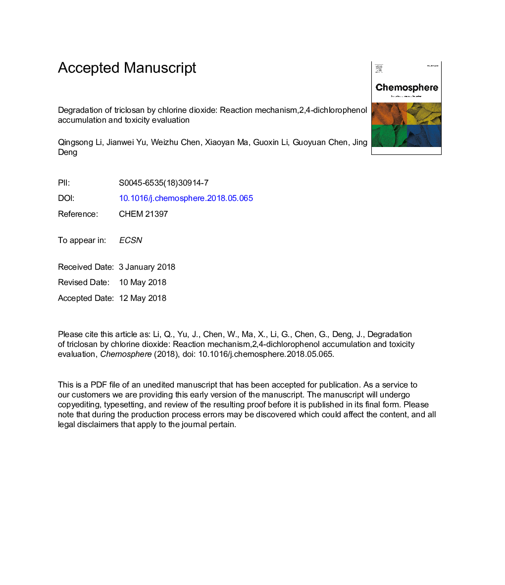 تجزیه تریکلوسان توسط دی اکسید کلر: مکانیزم واکنش، تجمع 2،4-دی کورورفنول و ارزیابی سمیت 