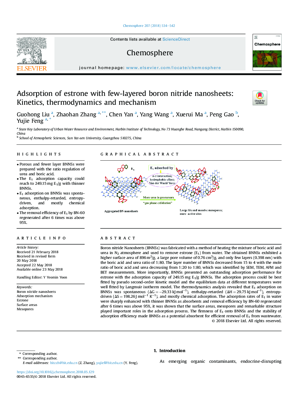 Adsorption of estrone with few-layered boron nitride nanosheets: Kinetics, thermodynamics and mechanism