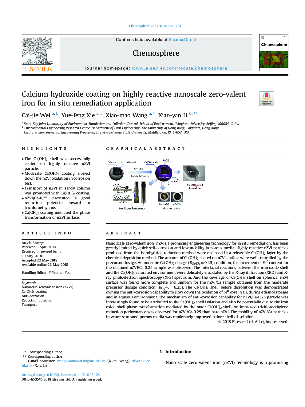 Calcium hydroxide coating on highly reactive nanoscale zero-valent iron for in situ remediation application