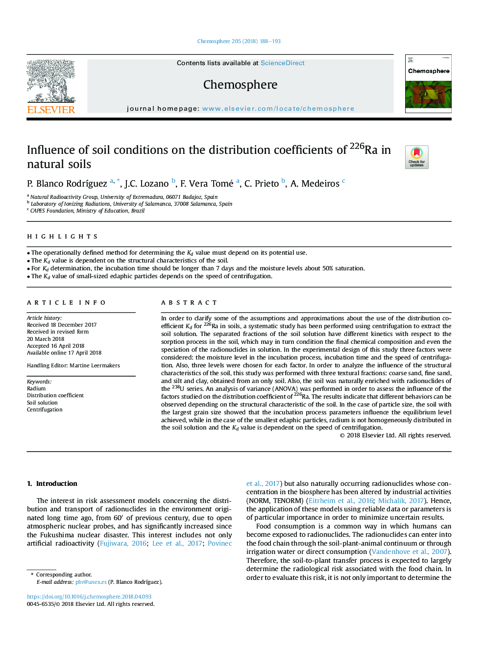 Influence of soil conditions on the distribution coefficients of 226Ra in natural soils