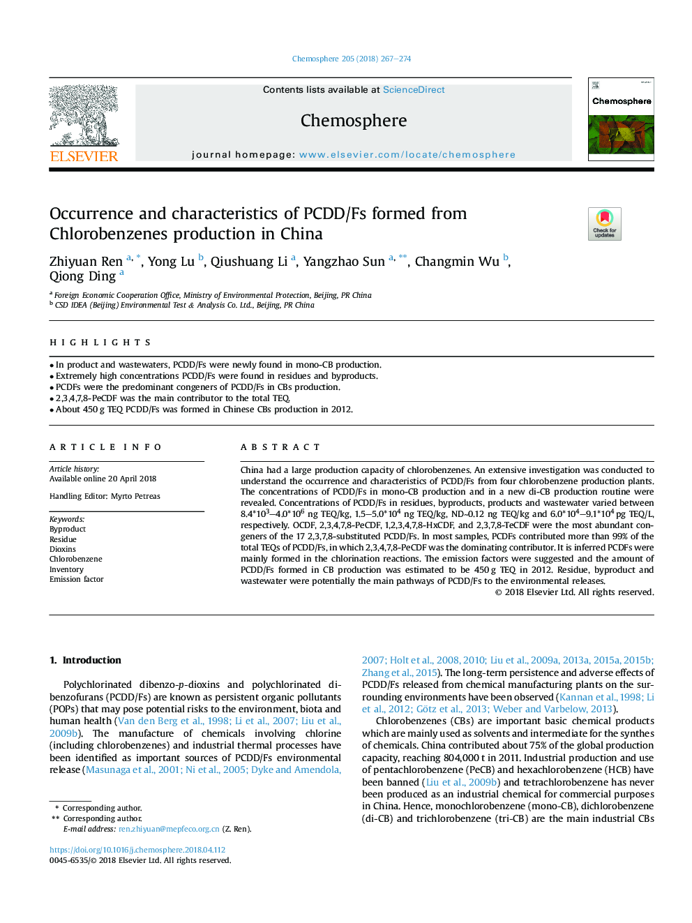Occurrence and characteristics of PCDD/Fs formed from Chlorobenzenes production in China