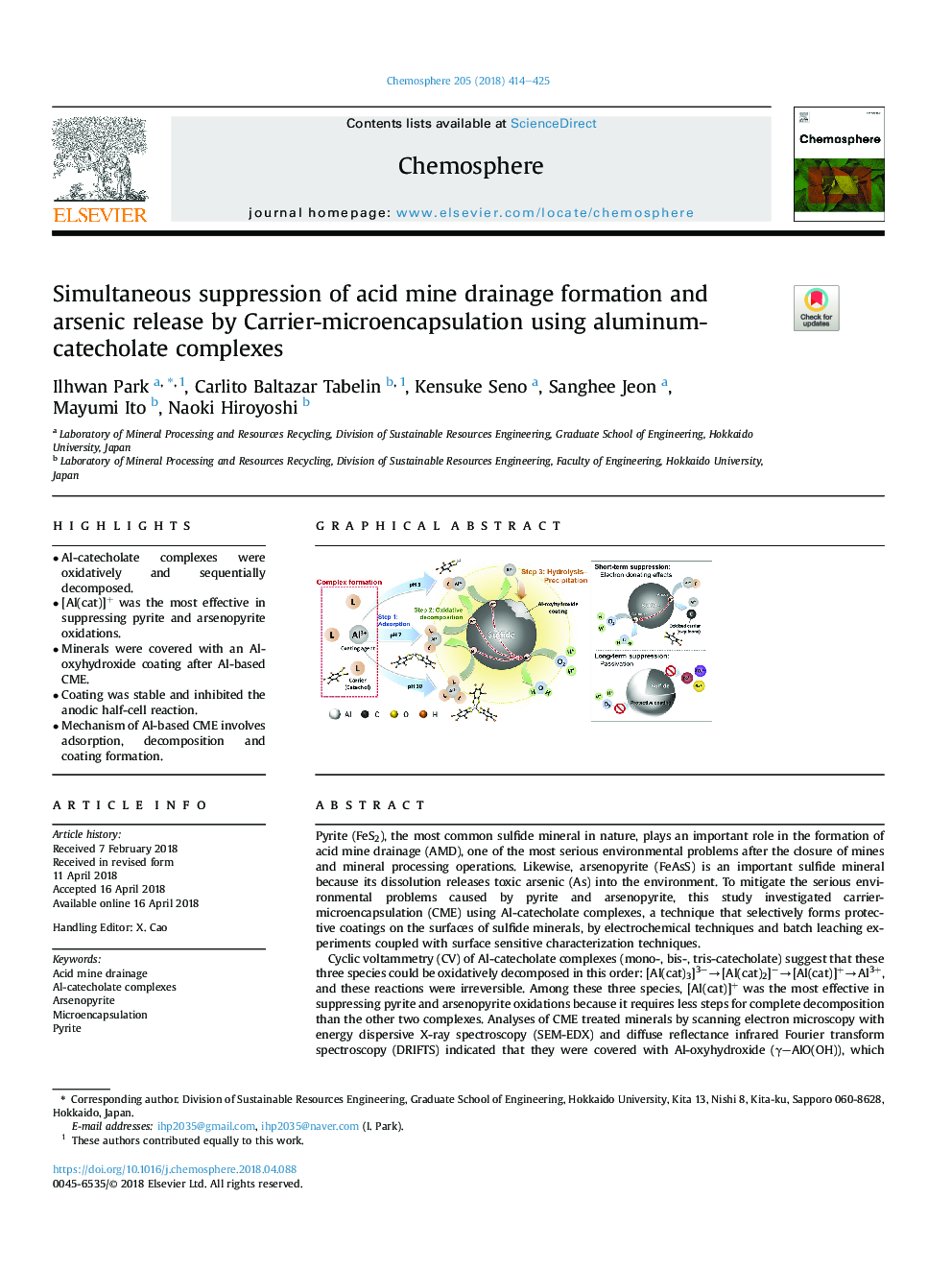 Simultaneous suppression of acid mine drainage formation and arsenic release by Carrier-microencapsulation using aluminum-catecholate complexes