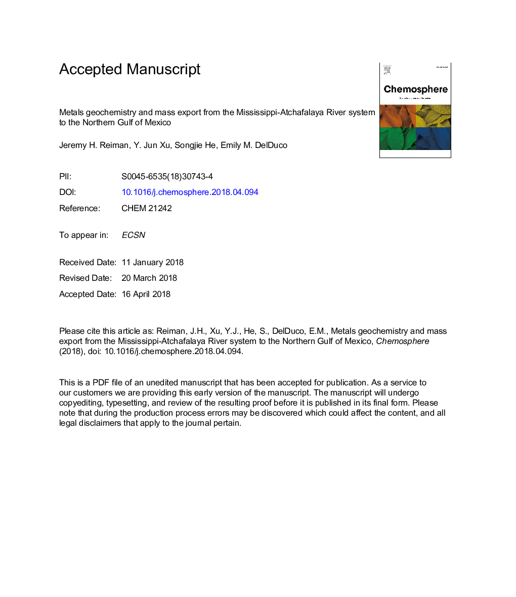 ژئوشیمی فلزات و صادرات توده از سیستم رودخانه می سی پی - آچافالایا به خلیج شمال مکزیک 