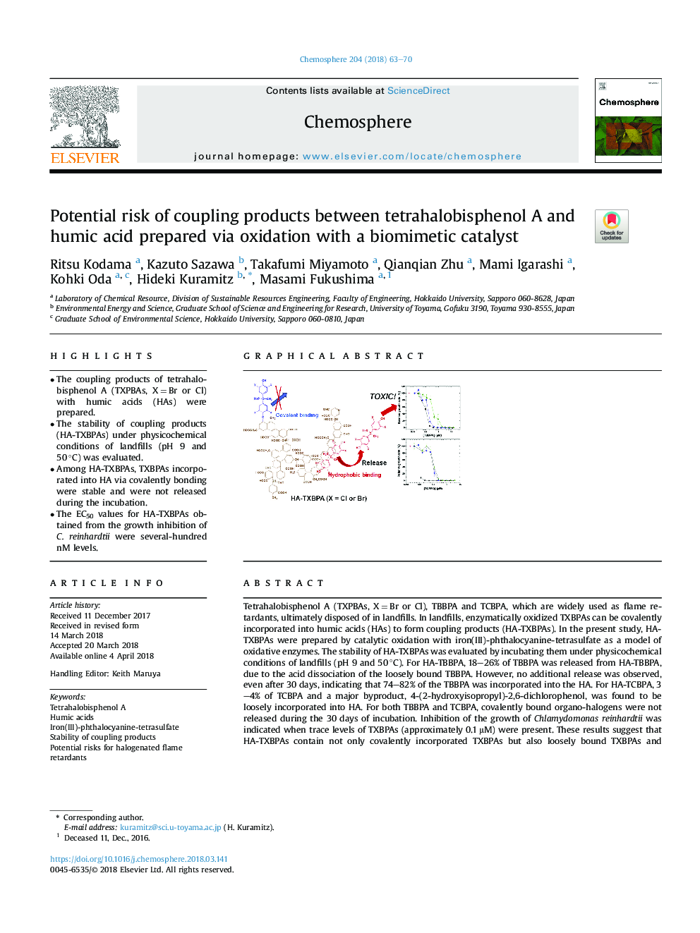 Potential risk of coupling products between tetrahalobisphenol A and humic acid prepared via oxidation with a biomimetic catalyst