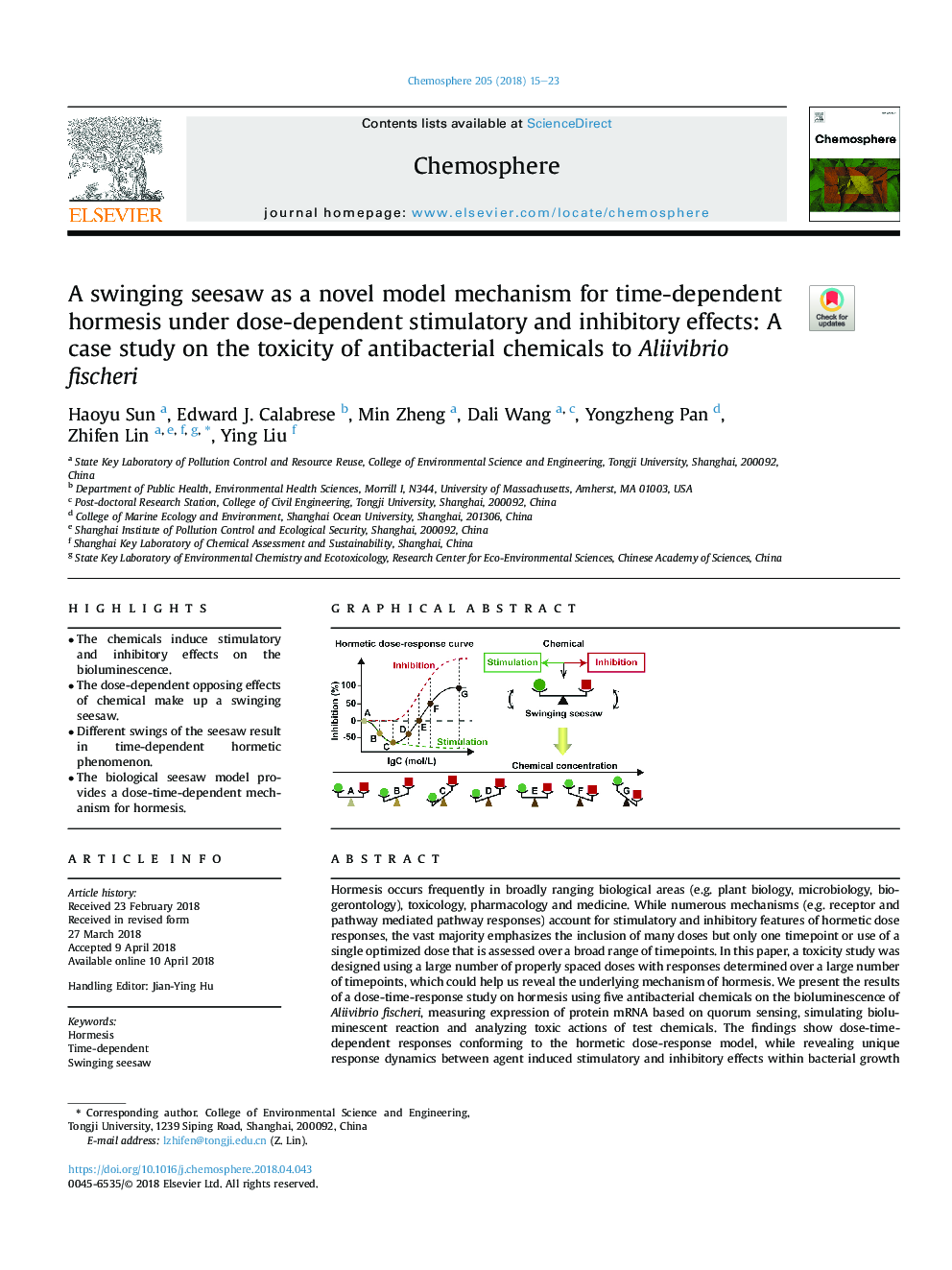 A swinging seesaw as a novel model mechanism for time-dependent hormesis under dose-dependent stimulatory and inhibitory effects: A case study on the toxicity of antibacterial chemicals to Aliivibrio fischeri