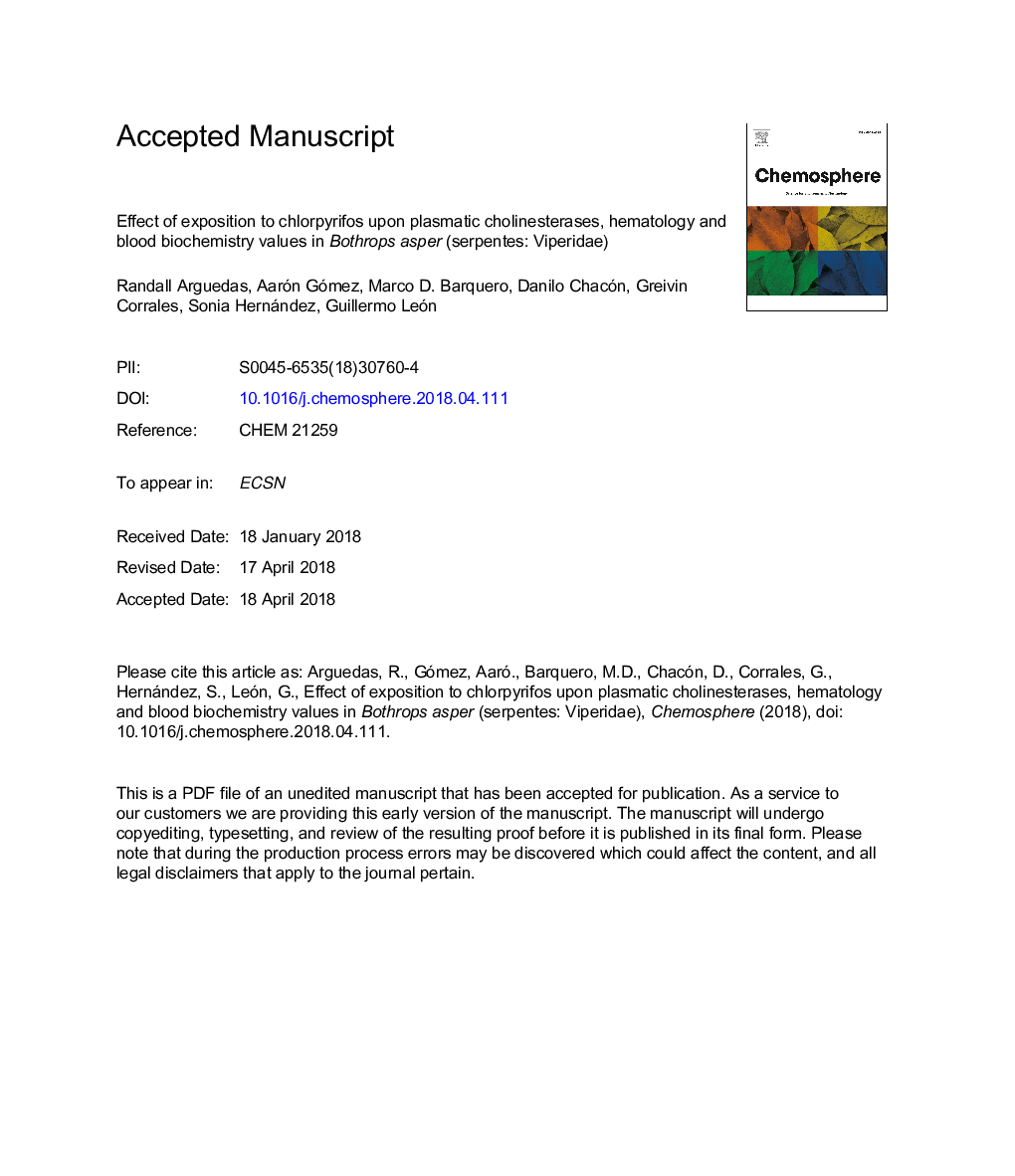 Effect of exposition to chlorpyrifos upon plasmatic cholinesterases, hematology and blood biochemistry values in Bothrops asper (Serpentes: Viperidae)