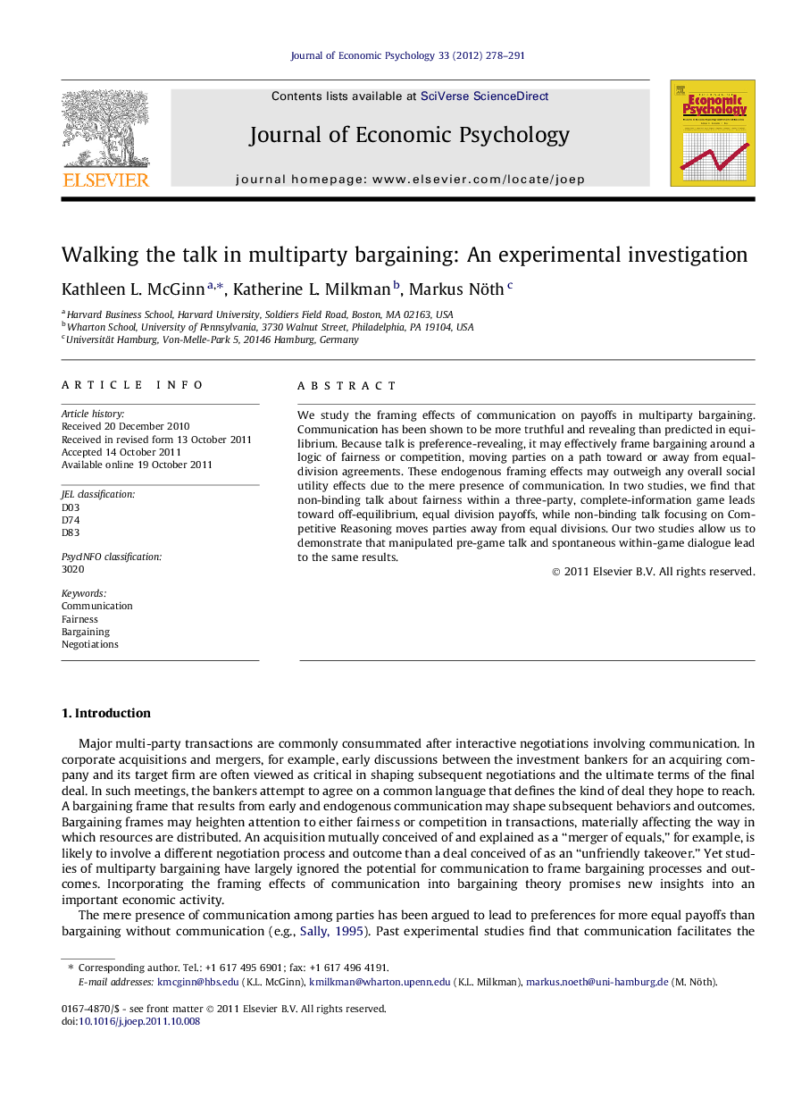 Walking the talk in multiparty bargaining: An experimental investigation