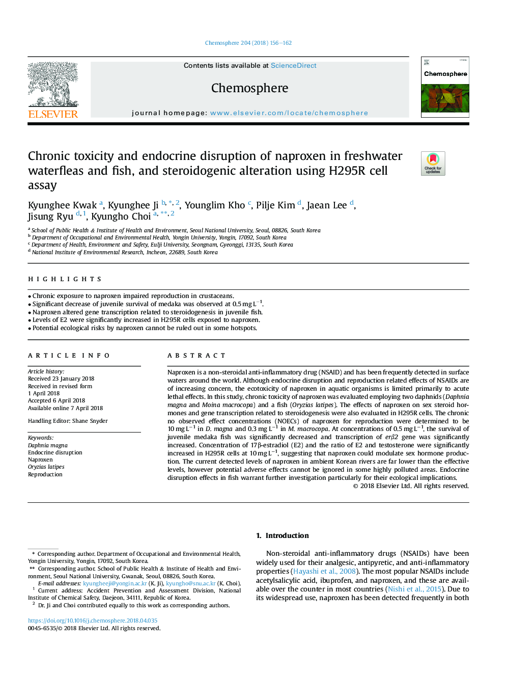 Chronic toxicity and endocrine disruption of naproxen in freshwater waterfleas and fish, and steroidogenic alteration using H295R cell assay