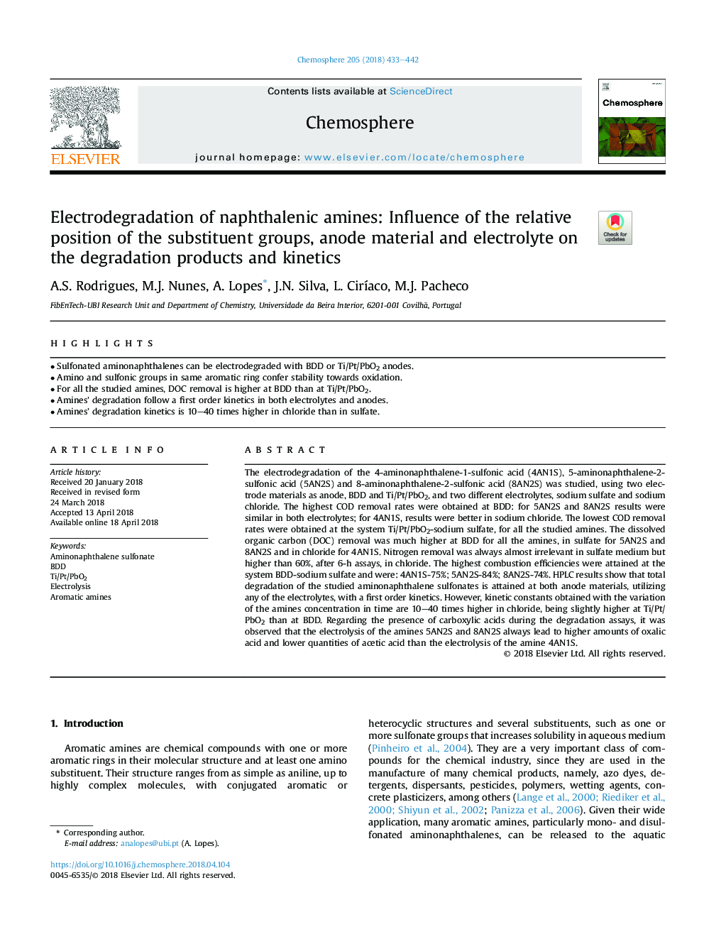 Electrodegradation of naphthalenic amines: Influence of the relative position of the substituent groups, anode material and electrolyte on the degradation products and kinetics