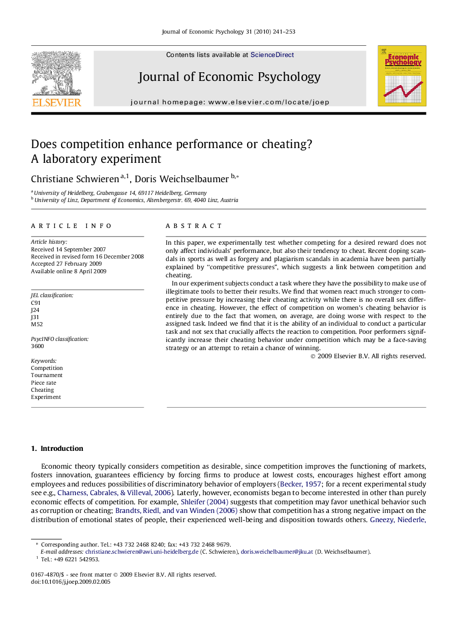 Does competition enhance performance or cheating? A laboratory experiment