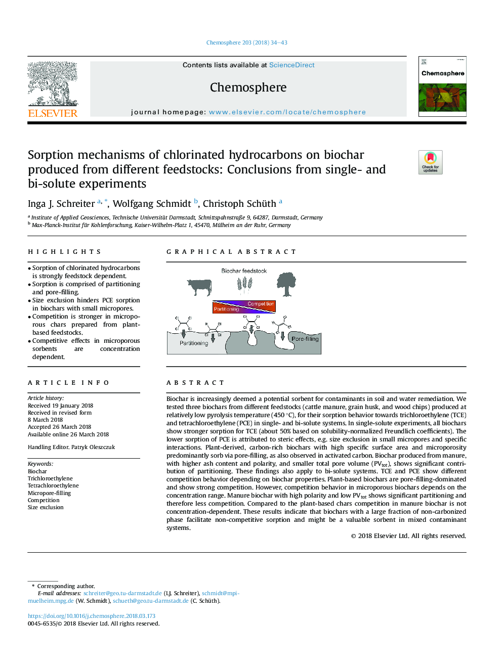 Sorption mechanisms of chlorinated hydrocarbons on biochar produced from different feedstocks: Conclusions from single- and bi-solute experiments