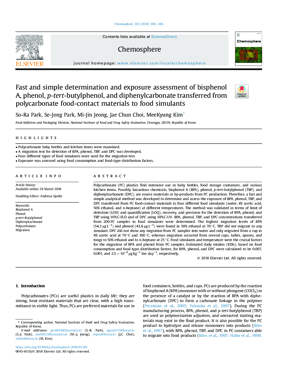 Fast and simple determination and exposure assessment of bisphenol A, phenol, p-tert-butylphenol, and diphenylcarbonate transferred from polycarbonate food-contact materials to food simulants