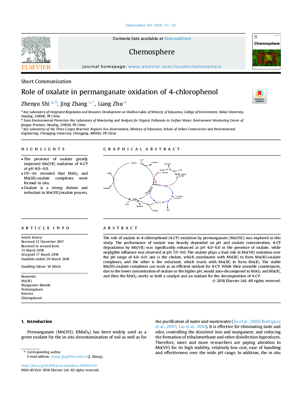 Role of oxalate in permanganate oxidation of 4-chlorophenol